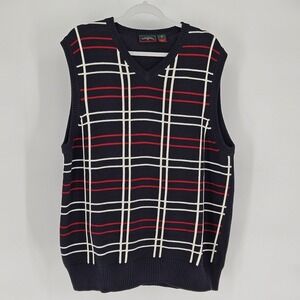 Saddlebred Mens Navy Blue Plaid V-Neck Cotton Knit Sweater Vest Size L RN 31104